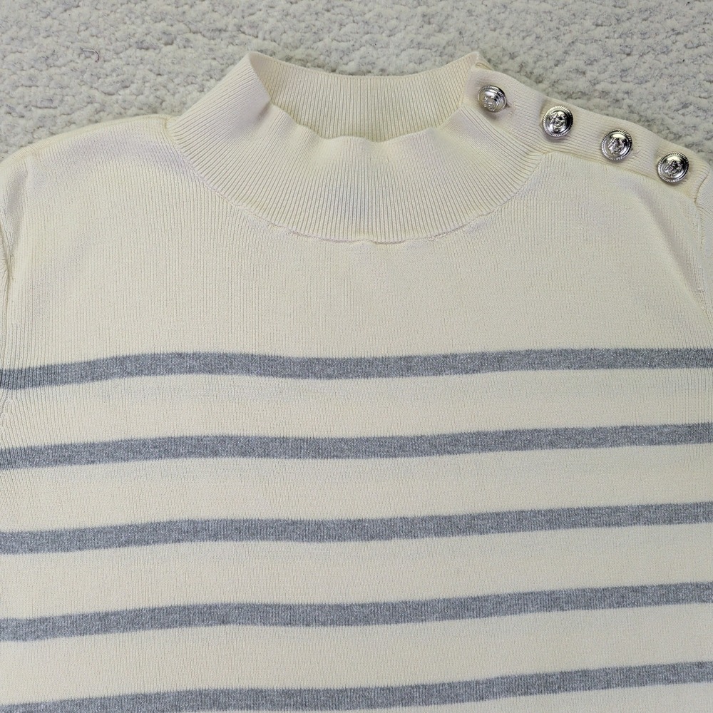 Talbots Womens Medium Striped Mock Neck Short Sleeve Sweater Silver Button Cream - Picture 6 of 9